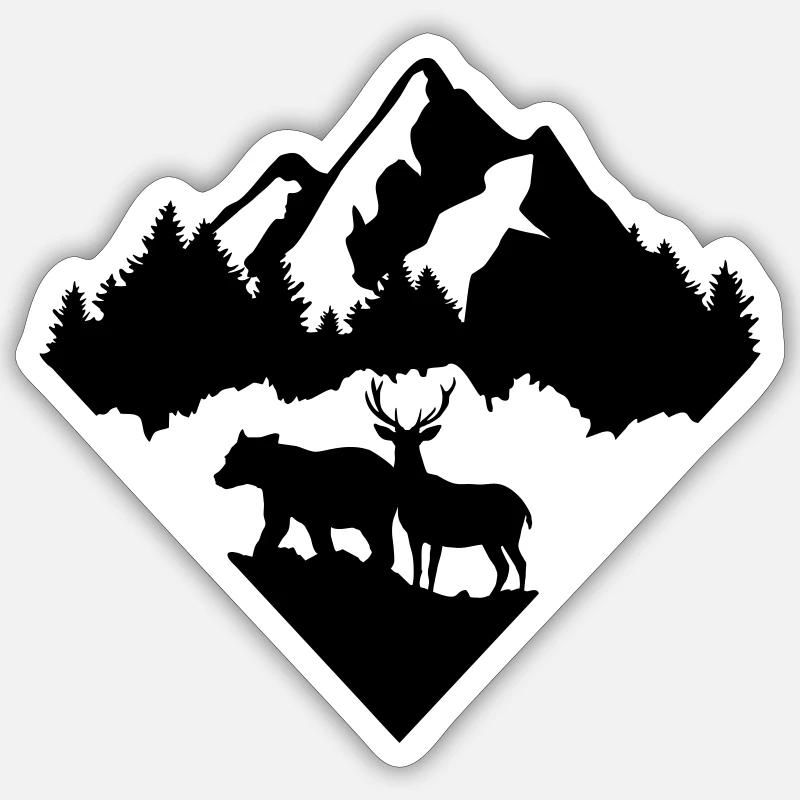 Berg, Wald, Hirsch und Bär - zweifarbig - Sticker Größe S (10 x 10 cm) - Mattweiß