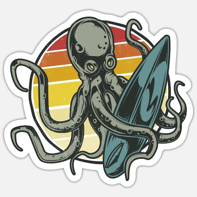 Rétro rétro de la pieuvre de style de surf Sticker taille S (10 x 10 cm)