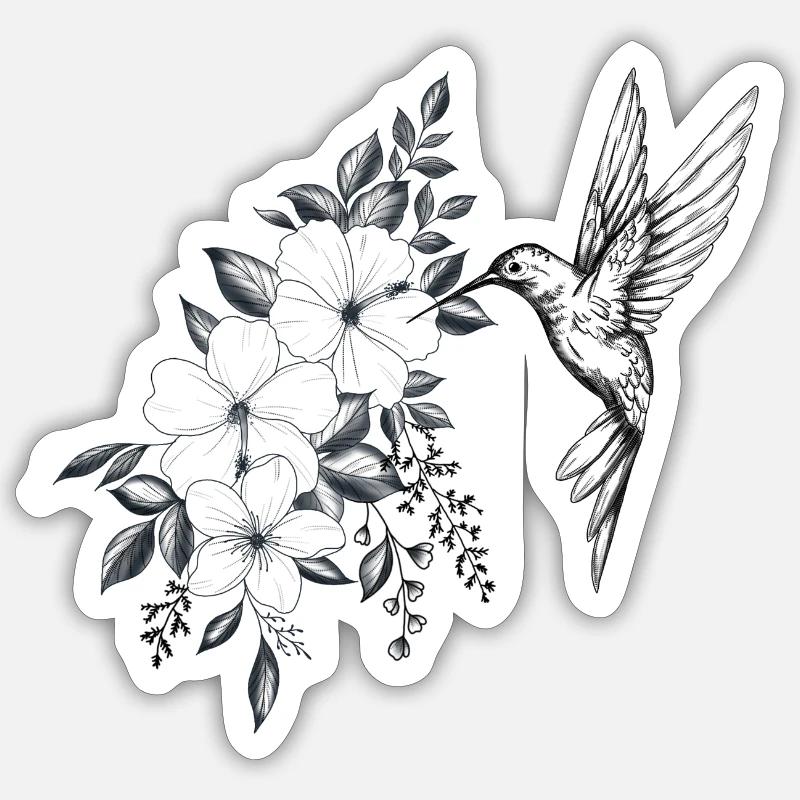 fleurs de cerisier et hibiscus, petit oiseau colib - Sticker taille S (10 x 10 cm) - blanc mat