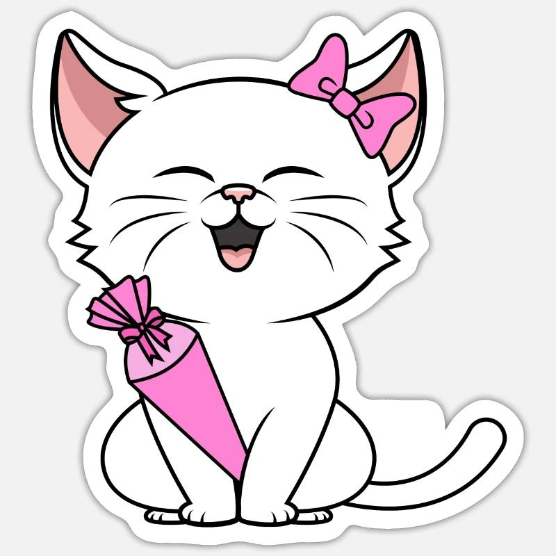 Schulkind Mädchen Einschulung Katze mit Schultüte - Sticker Größe S (10 x 10 cm) - Mattweiß