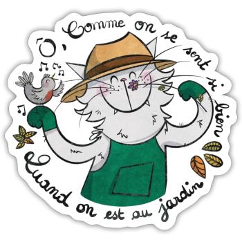 Mrou le Chat Jardinier - Sticker taille S (10 x 10 cm) - blanc mat - Devant