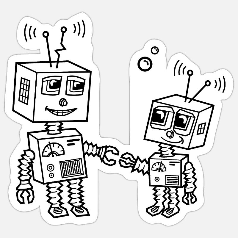Roboter Vater und Kind, Robot père et fils, Papa - Sticker taille S (10 x 10 cm) - blanc mat