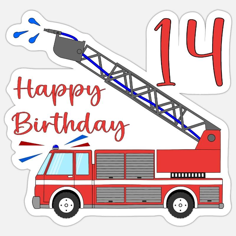 Fire engine Happy Birthday 14 Sticker size S (10 x 10 cm)