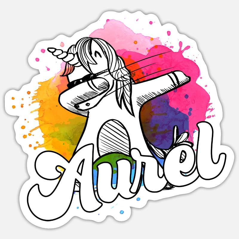 AUREL - Beau nom de garçon avec licorne cool - Sticker taille S (10 x 10 cm) - blanc mat