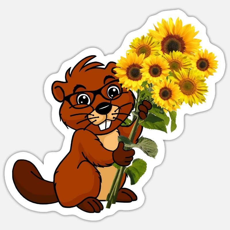 Biber mit Sonnenblumenstrauß - Sticker størrelse S (10 x 10 cm) - mat hvid