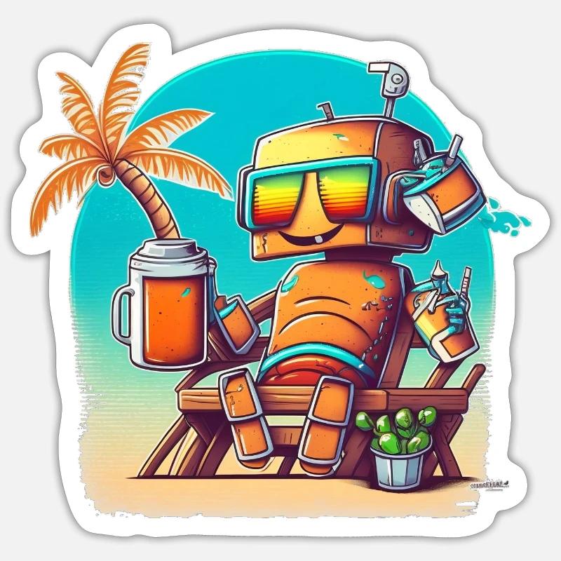 Robot heureux en vacances - Sticker taille S (10 x 10 cm) - blanc mat