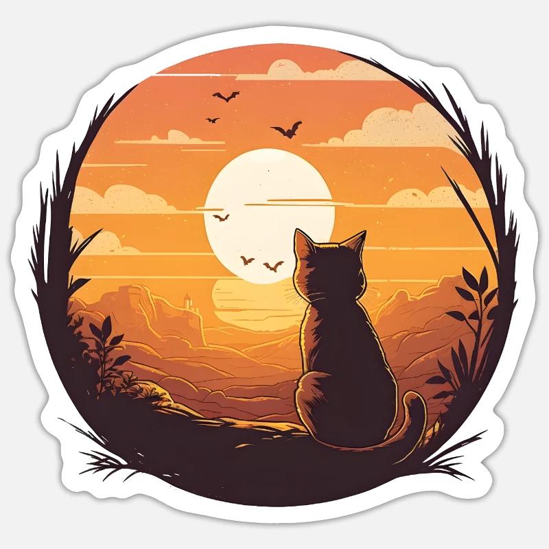 Cat with sunset - Sticker Größe S (10 x 10 cm) - Mattweiß