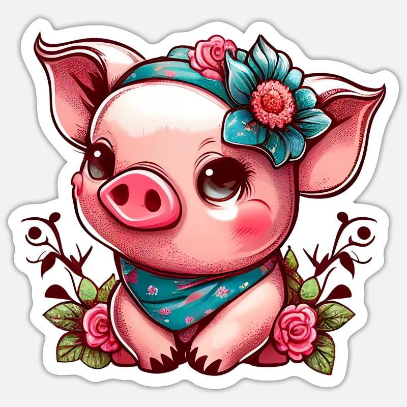 Schweinchen mit Kopftuch - Sticker Größe S (10 x 10 cm) - Mattweiß