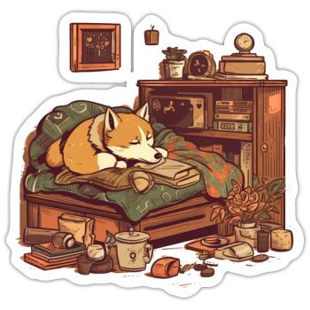 Le chien Shiba Inu dort en lisant - Sticker taille S (10 x 10 cm) - blanc mat - Devant