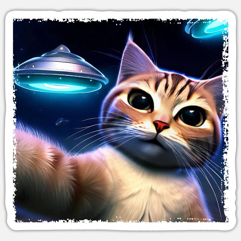 Cat selfie with UFO - Sticker size S (10 x 10 cm) - white matte