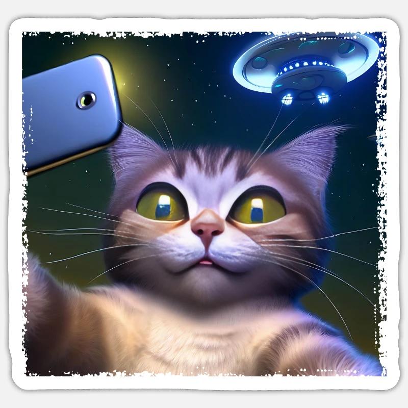 Cat selfie with UFO - Sticker size S (10 x 10 cm) - white matte