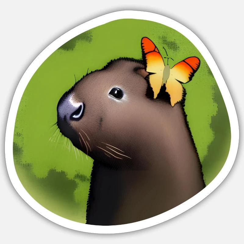 Petit capybara avec papillon - Sticker taille S (10 x 10 cm) - blanc mat