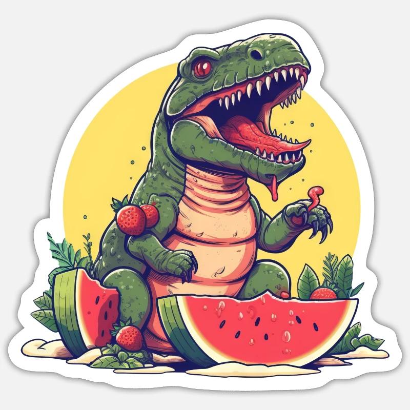 Dino T-Rex mit Melone und Erdbeere - Sunset Design - Sticker Größe S (10 x 10 cm) - Mattweiß