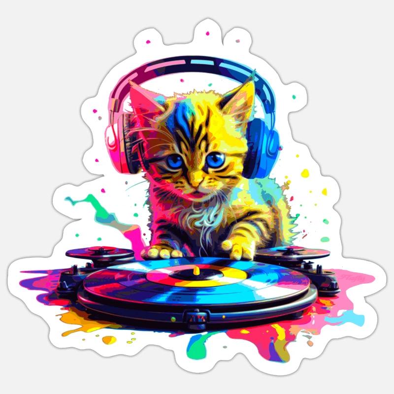 Chaton DJ - Arc-en-ciel - Sticker taille S (10 x 10 cm) - blanc mat