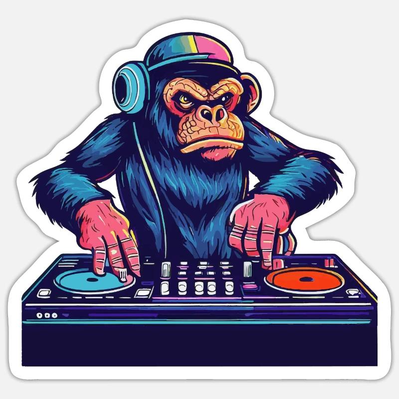 Schimpanse DJ Geschenkidee - DJ Affe - Sticker Größe S (10 x 10 cm) - Mattweiß