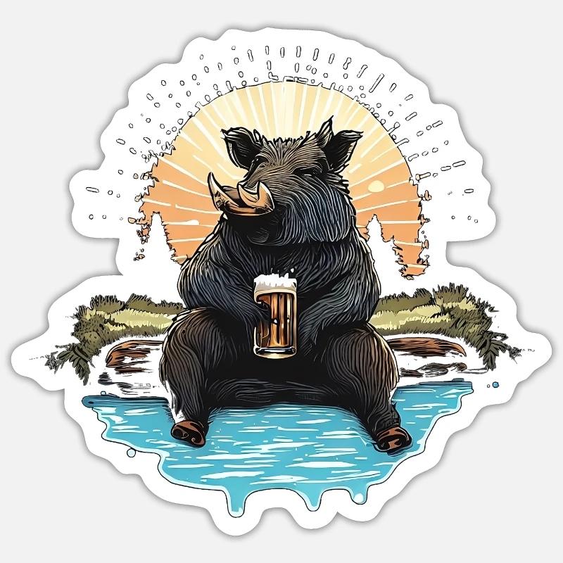 Eber trinkt Bier am Bach - Sticker Größe S (10 x 10 cm) - Mattweiß