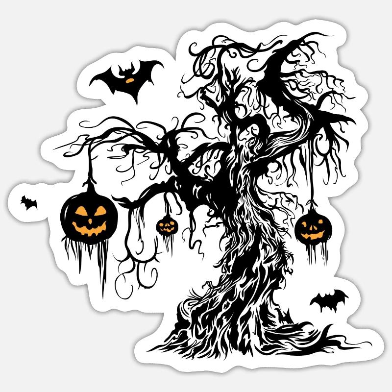 Halloween Tree with Pumpkin Lanterns Bat - Sticker size S (10 x 10 cm) - white matte