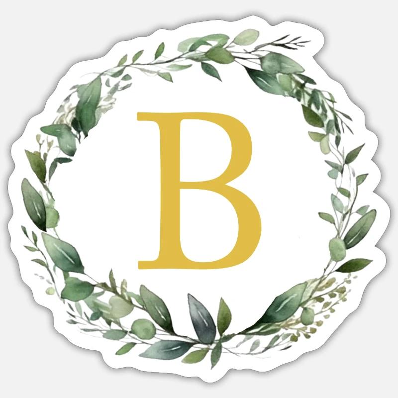 B monogramme, couronne d’Eucalyptus - Sticker taille S (10 x 10 cm) - blanc mat