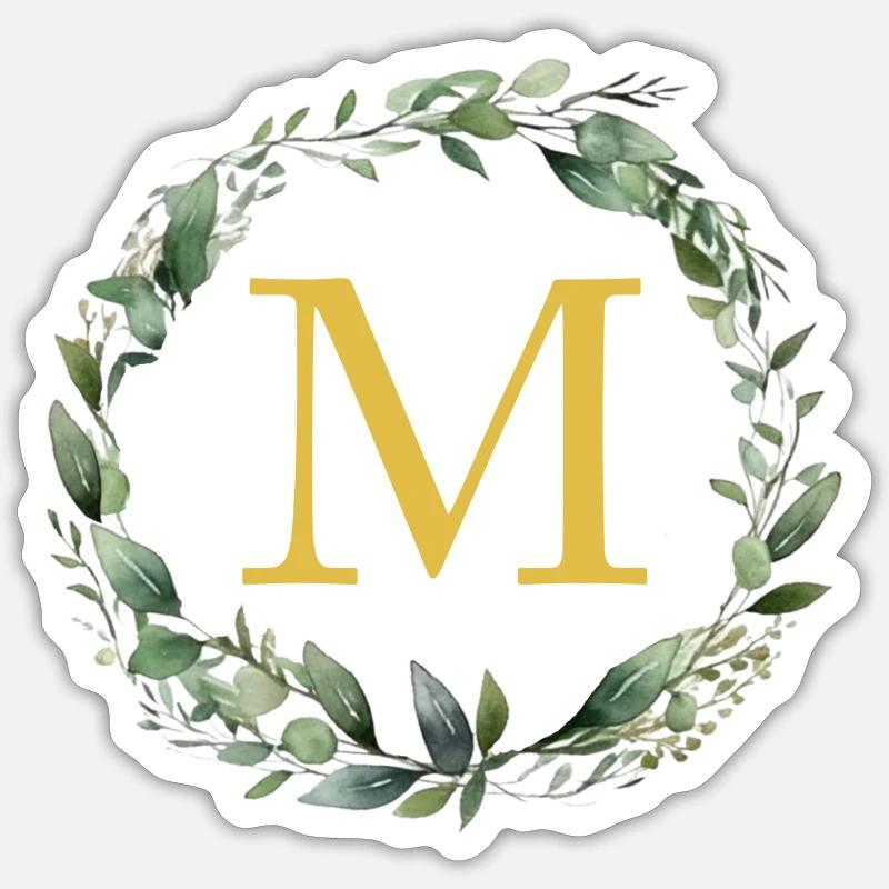 M monogramme, Couronne d’Eucalyptus - Sticker taille S (10 x 10 cm) - blanc mat