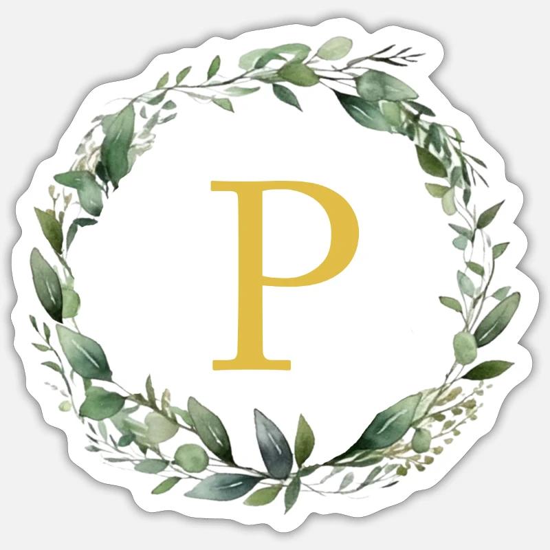 P monogramme, Couronne d’Eucalyptus - Sticker taille S (10 x 10 cm) - blanc mat