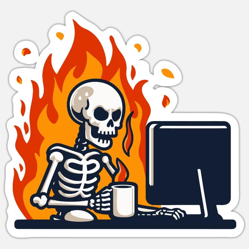 Wütendes skelett vor einem PC mit Kaffeetasse - Sticker Größe S (10 x 10 cm) - Mattweiß
