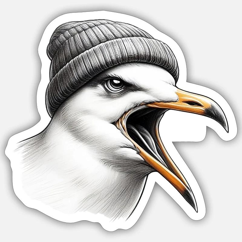 Schlechte Laune - Moin Möwe mit Beanie Mütze - Sticker Größe S (10 x 10 cm) - Mattweiß