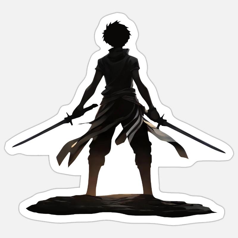 Duel d’ombres : Guerrier d’anime avec double épée - Sticker taille S (10 x 10 cm) - blanc mat