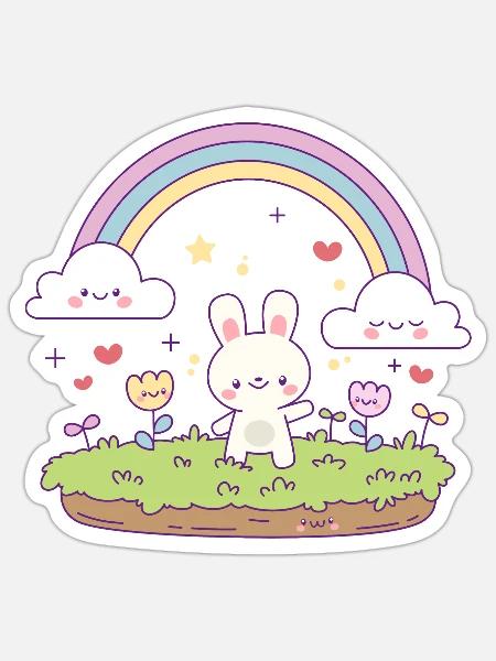 Süßer Hase unter einem Regenbogen - Sticker Größe S (10 x 10 cm) - Mattweiß