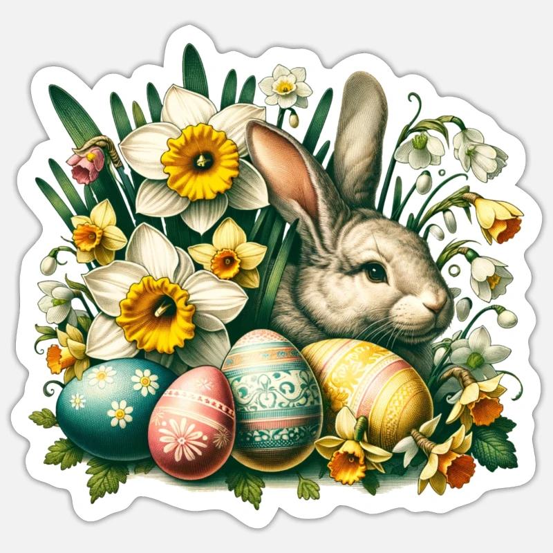 Vintage Easter Bunny with Easter Eggs & Flowers Sticker size S (10 x 10 cm)
