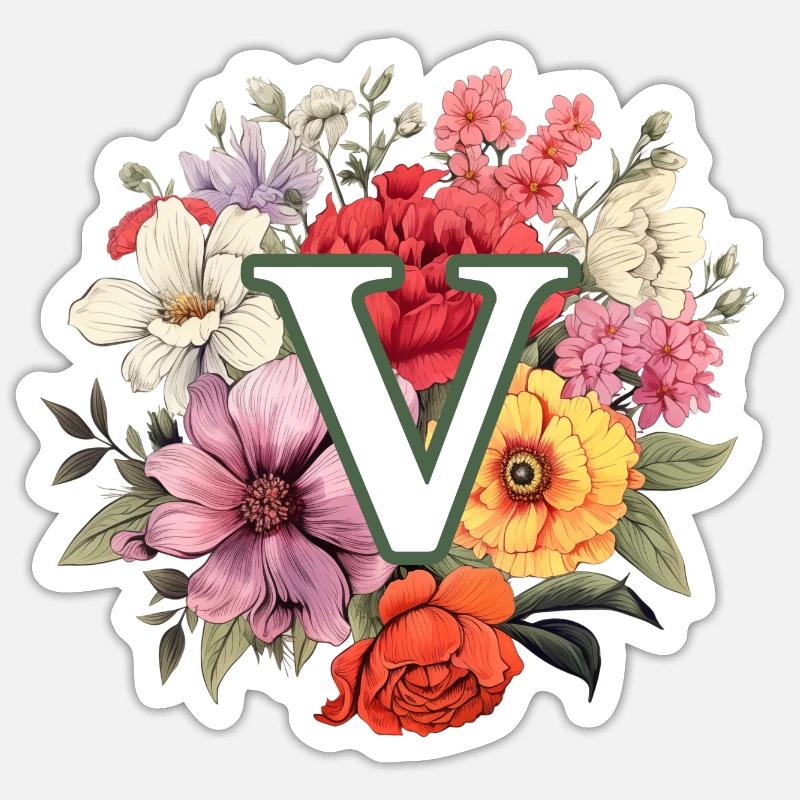 V Monogramm Blumenstrauss - Sticker Größe S (10 x 10 cm) - Mattweiß