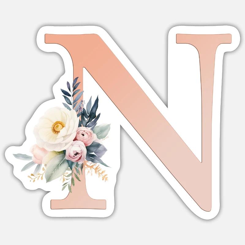 N Monogramm , Floral, Boho - Sticker Größe S (10 x 10 cm) - Mattweiß
