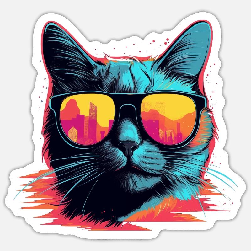 90s Cat Retrowave - Sticker size S (10 x 10 cm) - white matte