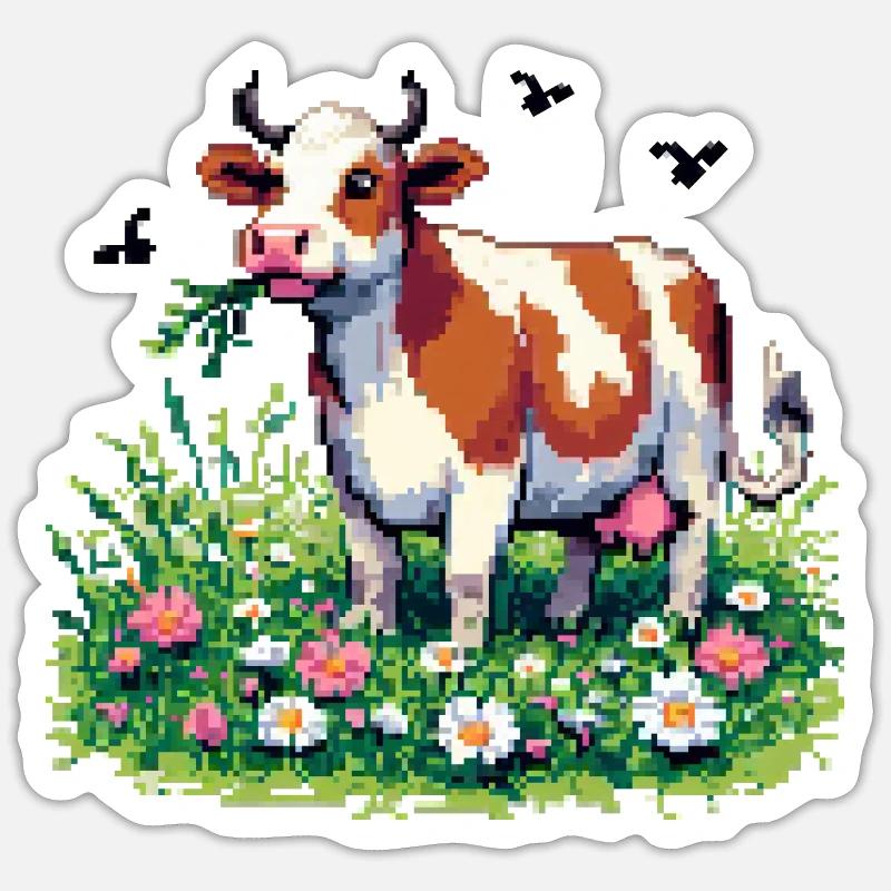 PixelArt Vache heureuse - Sticker taille S (10 x 10 cm) - blanc mat