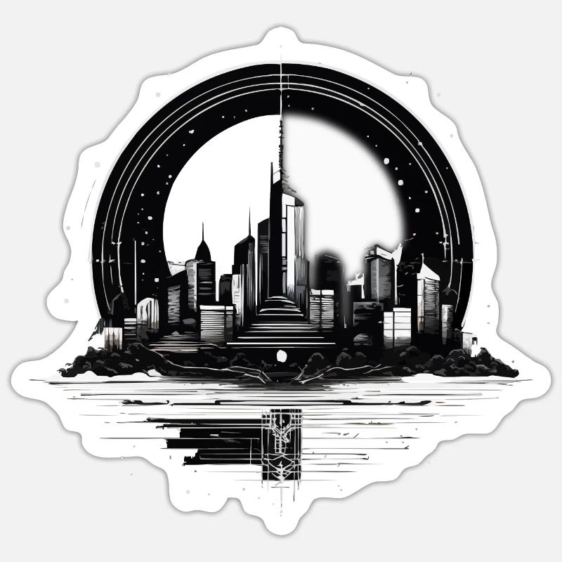 Architecture, City in Moonlight with Reflection Sticker size S (10 x 10 cm)