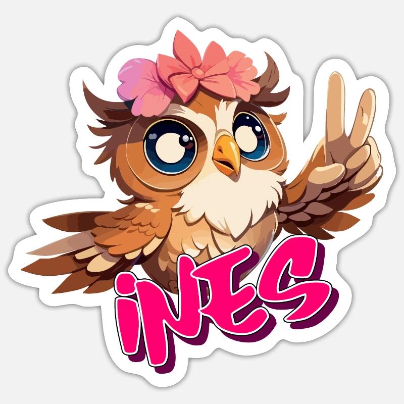INES - Schöner Mädchen Name mit süßer EULE Sticker Größe S (10 x 10 cm)