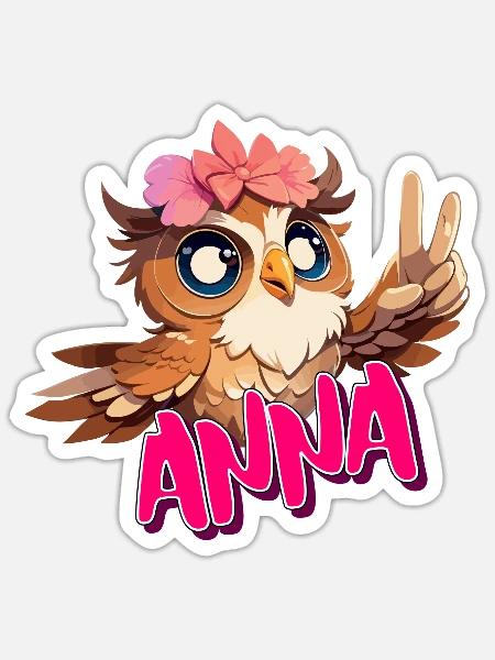 ANNA - Schöner Mädchen Name mit süßer EULE - Sticker Größe S (10 x 10 cm) - Mattweiß