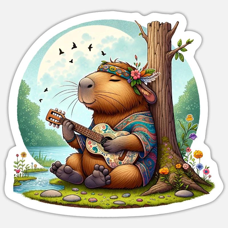 Capybara Guitar Hippie Peace - Sticker size S (10 x 10 cm) - white matte