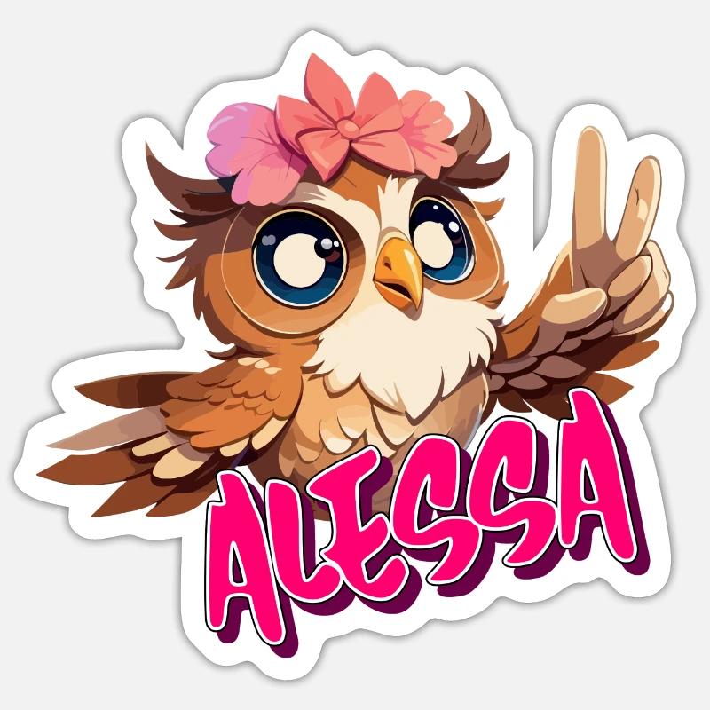 ALESSA - Schöner Mädchen Name mit süßer EULE Sticker Größe S (10 x 10 cm)