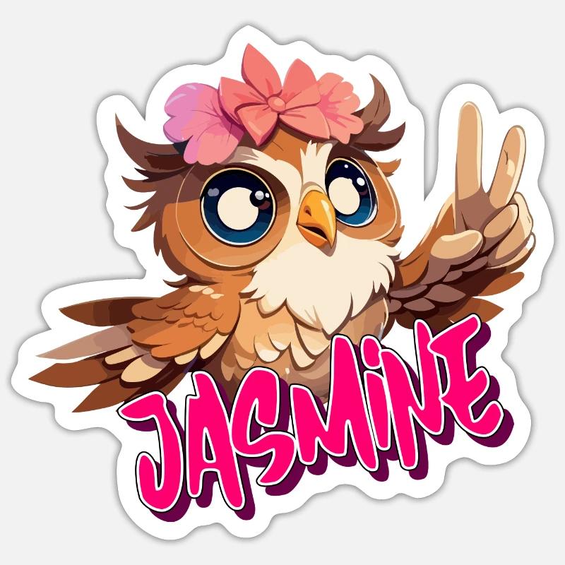 JASMINE - Schöner Mädchen Name mit süßer EULE Sticker Größe S (10 x 10 cm)