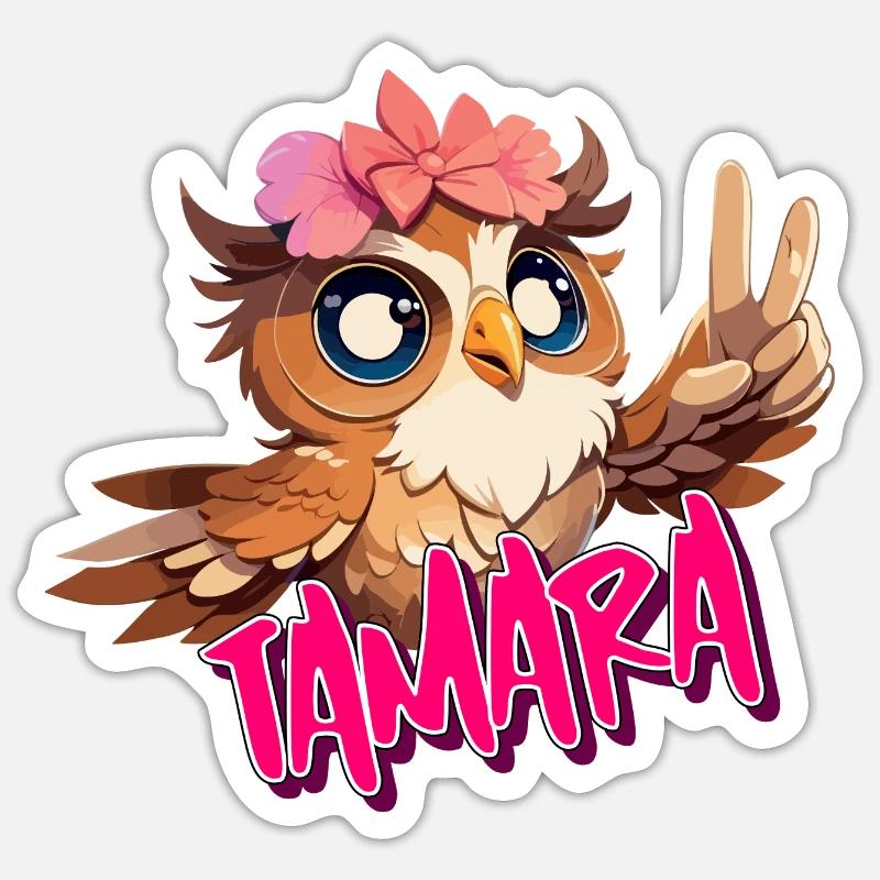 TAMARA - Schöner Mädchen Name mit süßer EULE - Sticker Größe S (10 x 10 cm) - Mattweiß