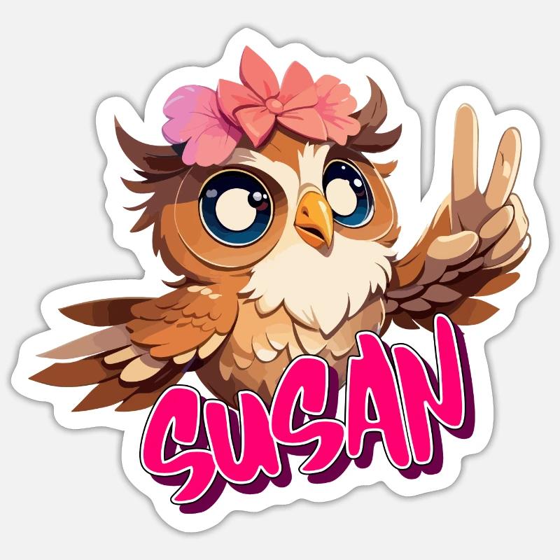 SUSAN - Schöner Mädchen Name mit süßer EULE Sticker Größe S (10 x 10 cm)