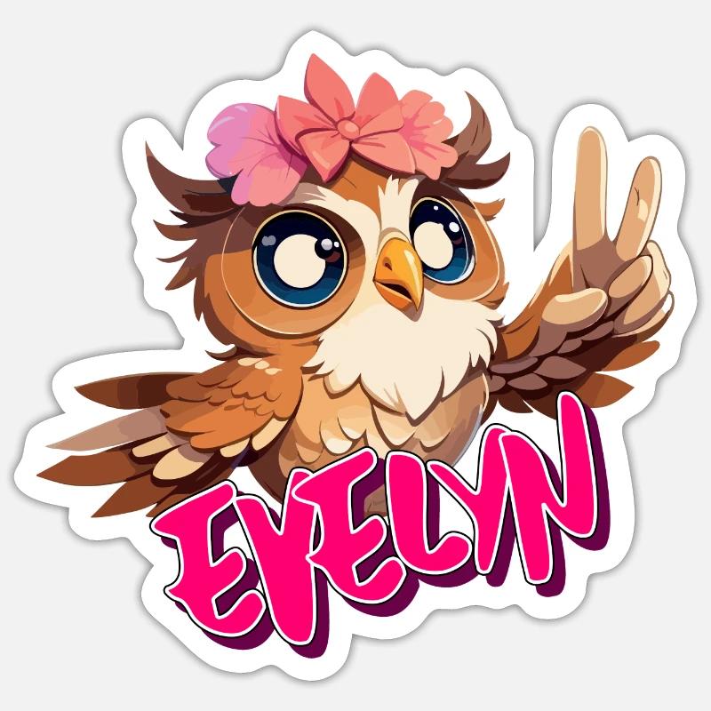 EVELYN - Schöner Mädchen Name mit süßer EULE - Sticker Größe S (10 x 10 cm) - Mattweiß