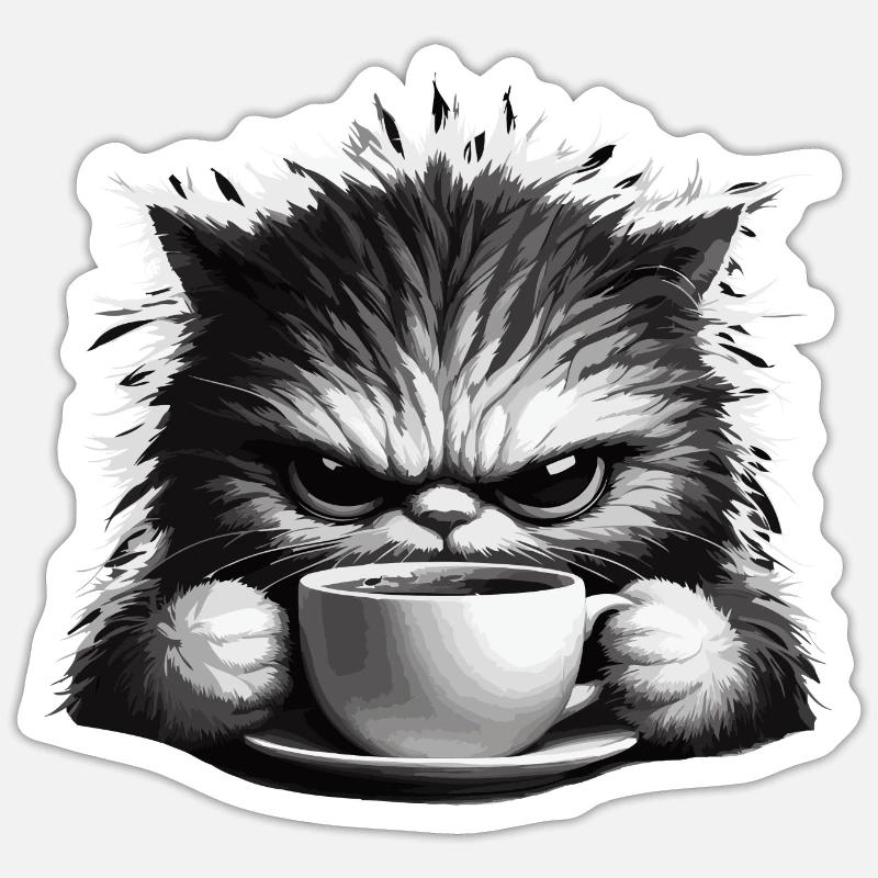 Eine nervöse, schläfrige Katze mit einer Tasse Kaffee. Sticker Größe S (10 x 10 cm)