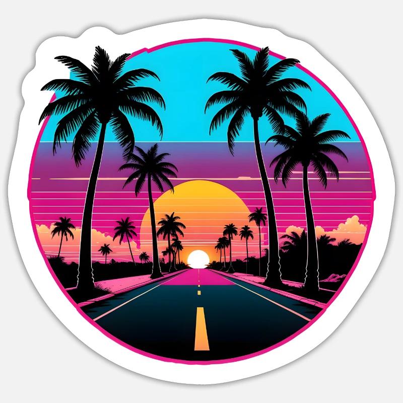 Palm tree road at sunset. Sticker size S (10 x 10 cm)