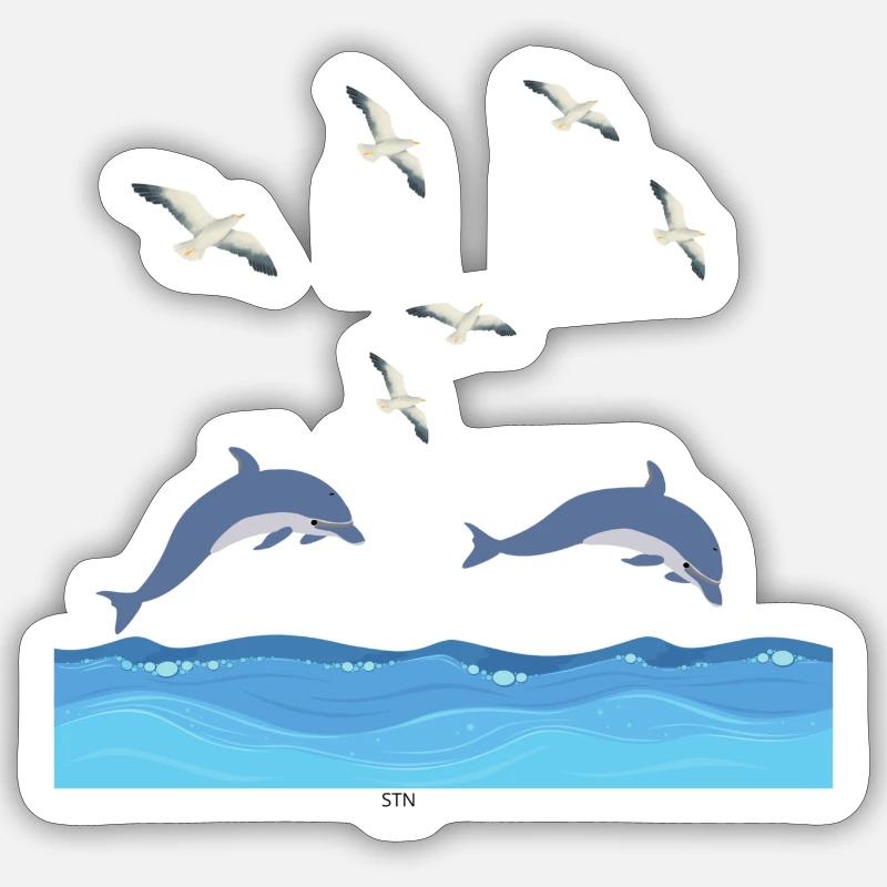 Dolphins Leap Over Azure Waves - Sticker size S (10 x 10 cm) - white matte