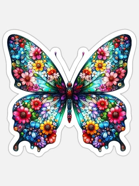 Schmetterling mit Blumen verziert - Sticker Größe S (10 x 10 cm) - Mattweiß