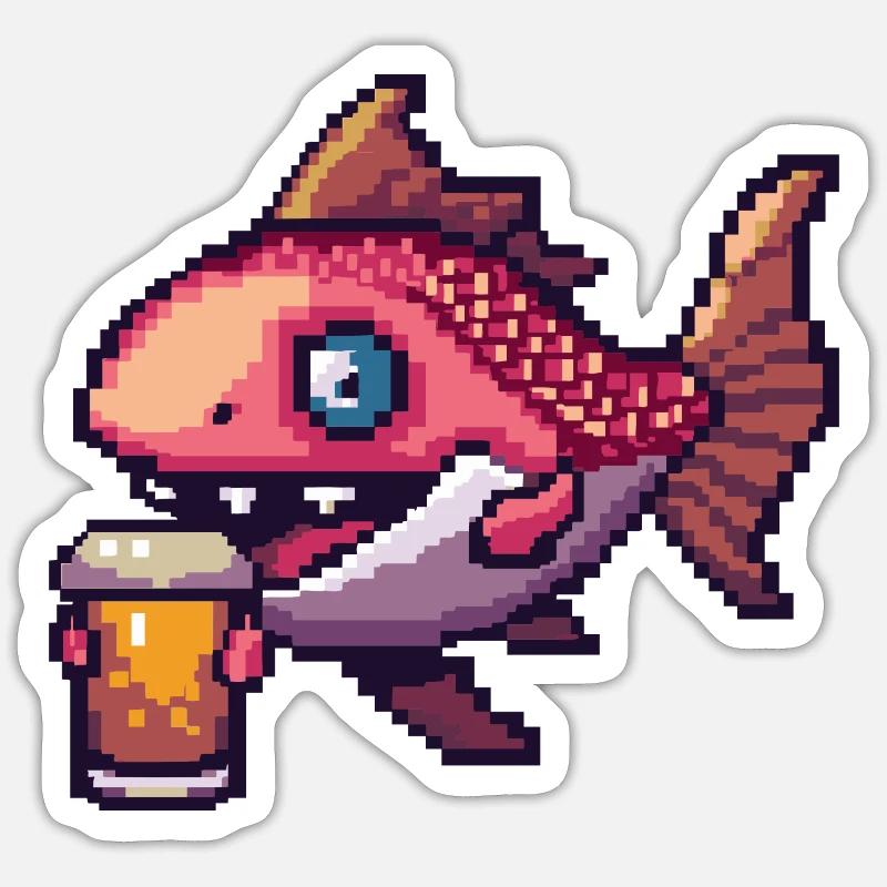 Piranha Fish Beer Pixel - Sticker size S (10 x 10 cm) - white matte