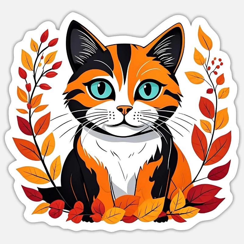 Chat d’automne - Sticker taille S (10 x 10 cm) - blanc mat