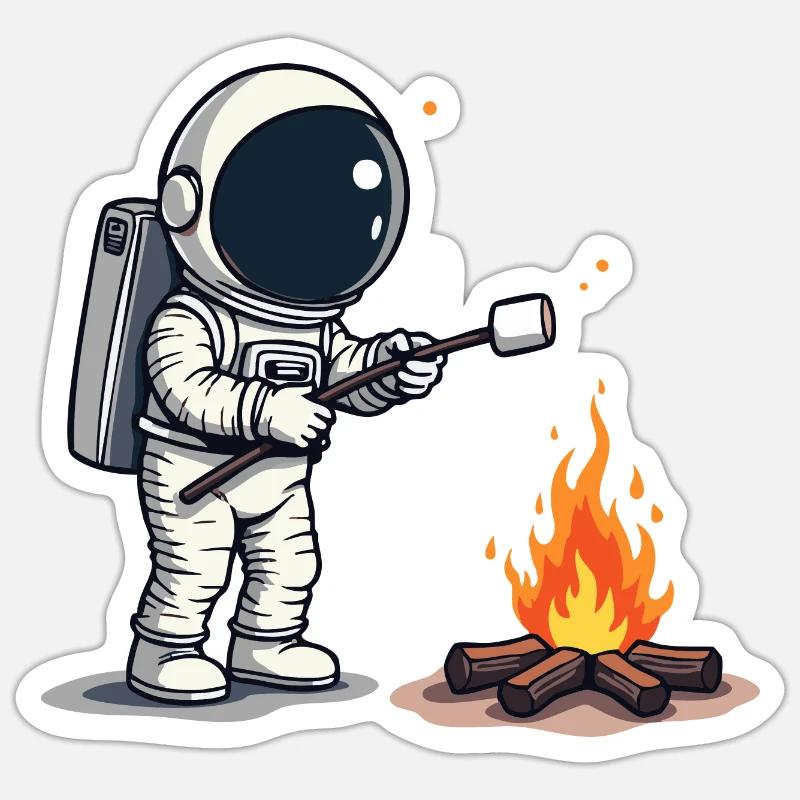 Astronaut roasting marshmallow at campfire - Sticker size S (10 x 10 cm) - white matte