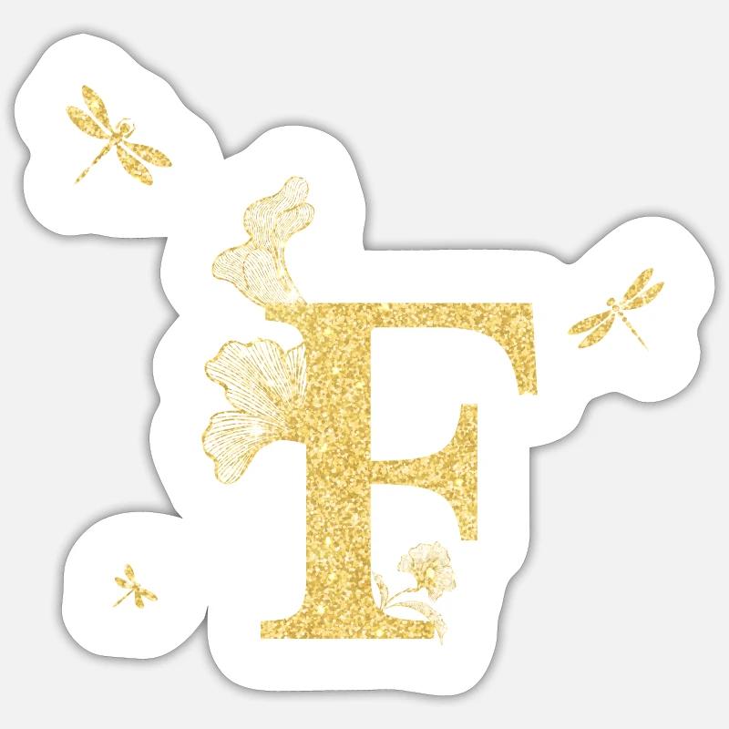 Buchstabe f Goldene Glitzerlibelle - Geschenkidee - Sticker Größe S (10 x 10 cm) - Mattweiß